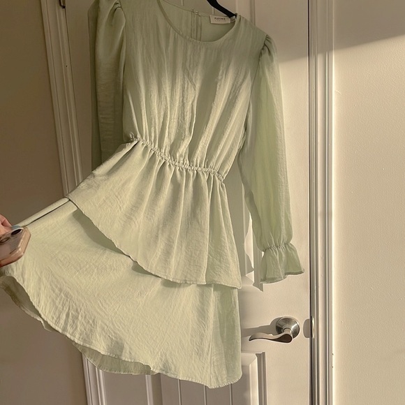 Anthropologie Flounce London Tall satin tiered mini dress in sage green - Picture 8 of 11